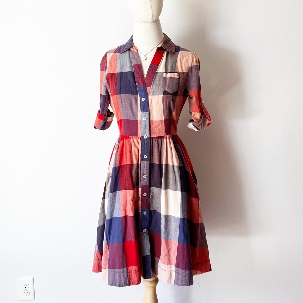 Reed Shirt Dress • Size XS • Red Blue Plaid Cotton Fit and Flare Anthropololgie